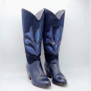 Brunella Italy Vintage Navy Leather & Suede Tall Western Boots Size US 8.5 - 9